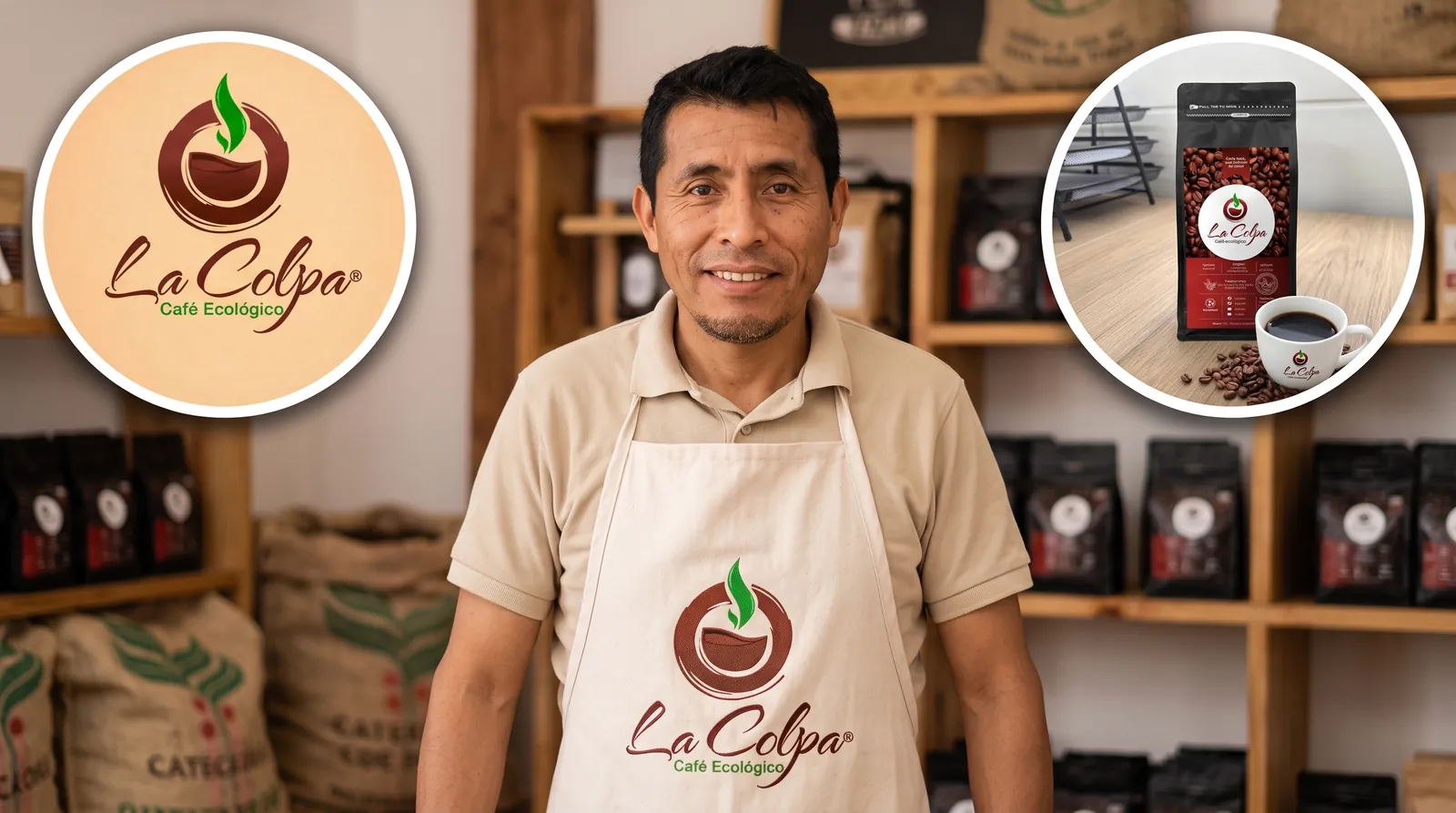 La Colpa Café: el emprendedor, con mandil de la marca, frente al anaquel de bolsas de café ecológico; a los lados, el logotipo y un empaque con su taza de café