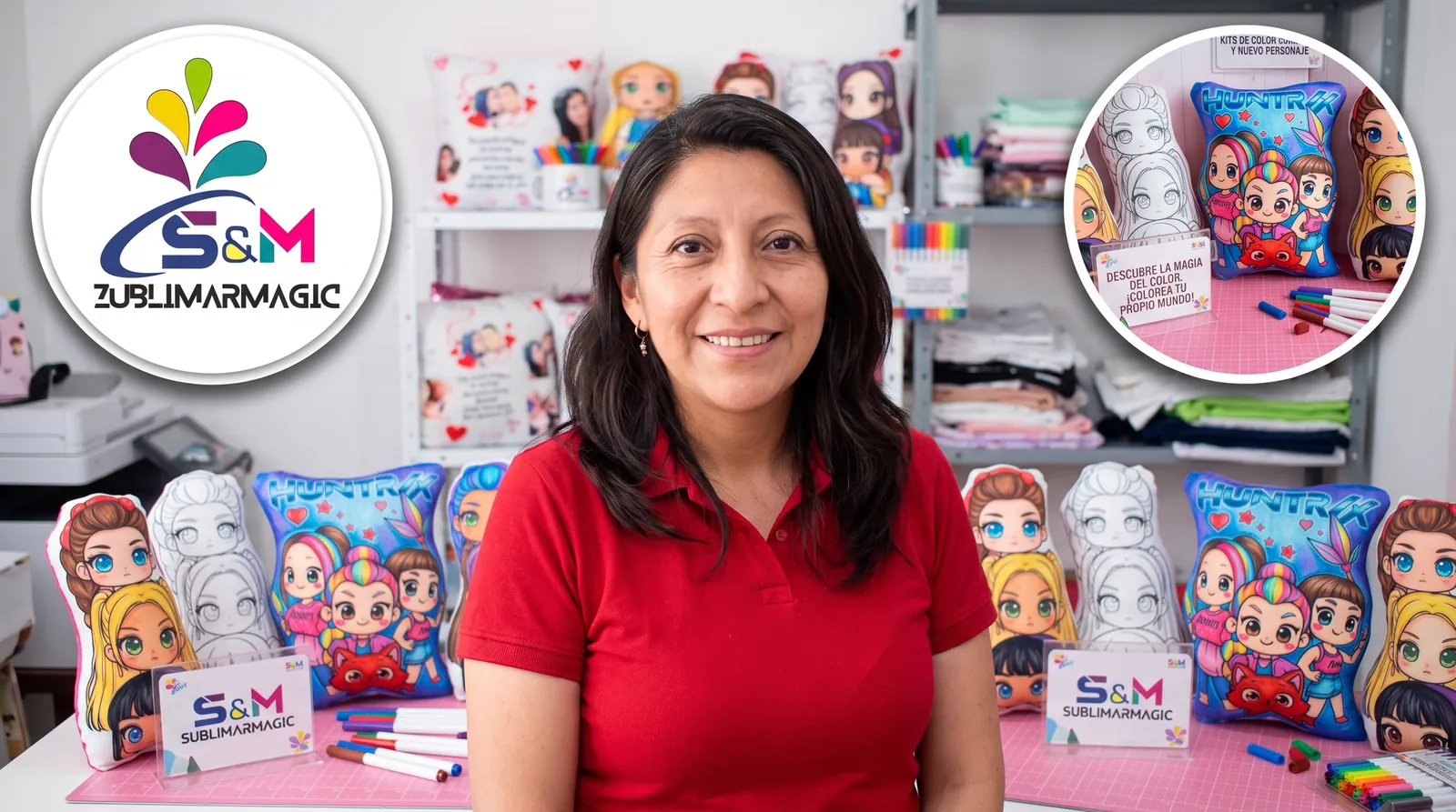 Zublimarmagic: la emprendedora frente a sus almohadas personalizadas con personajes ilustrados y plumones para colorearlas; al lado, el logotipo S&M de la marca